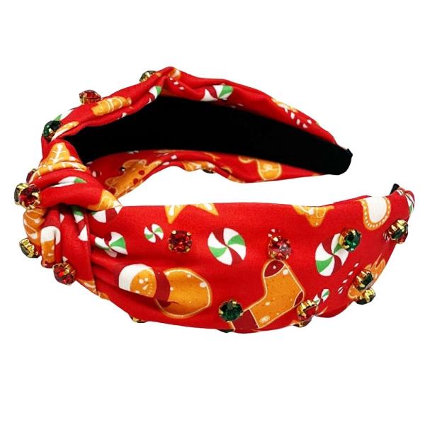 FABRIC CHRISTMAS PRINT RHINESTONE KNOT HEADBAND