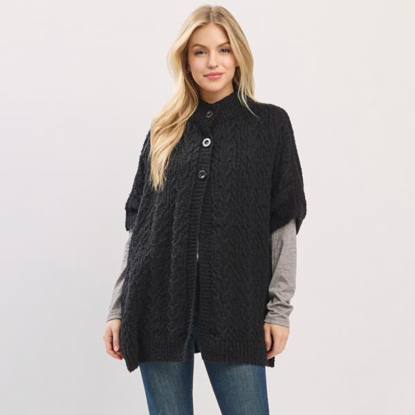 CABLE-KNIT BUTTON-UP CAPE WITH SHORT SLEEVES AND A  MOCK NECK