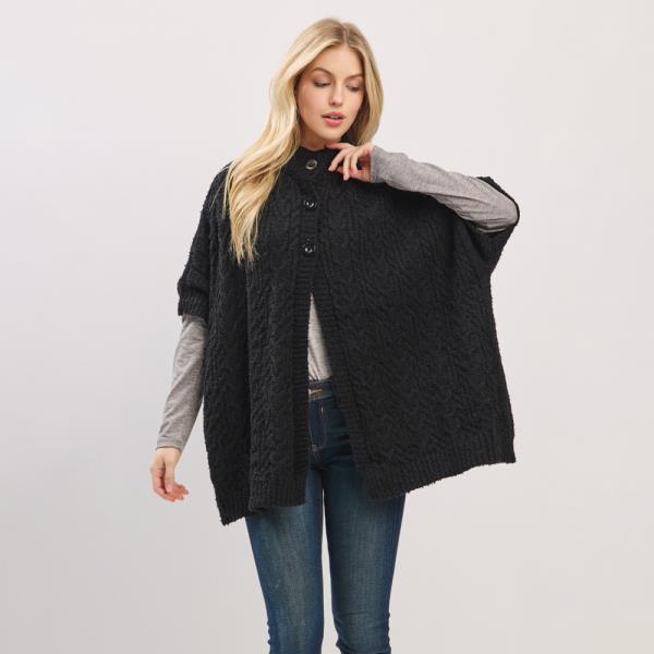 CABLE-KNIT BUTTON-UP CAPE WITH SHORT SLEEVES AND A  MOCK NECK
