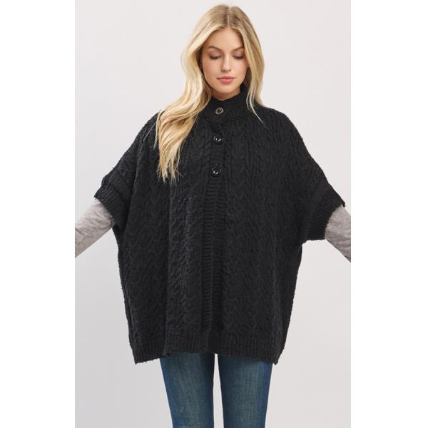 CABLE-KNIT BUTTON-UP CAPE WITH SHORT SLEEVES AND A  MOCK NECK