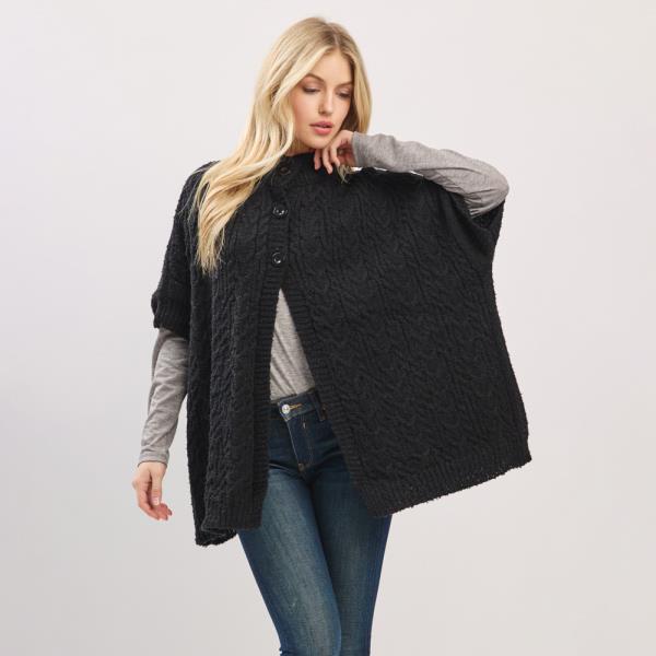 CABLE-KNIT BUTTON-UP CAPE WITH SHORT SLEEVES AND A  MOCK NECK