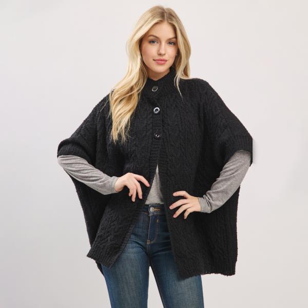 CABLE-KNIT BUTTON-UP CAPE WITH SHORT SLEEVES AND A  MOCK NECK
