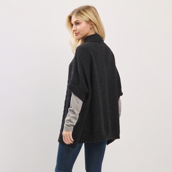 CABLE-KNIT BUTTON-UP CAPE WITH SHORT SLEEVES AND A  MOCK NECK