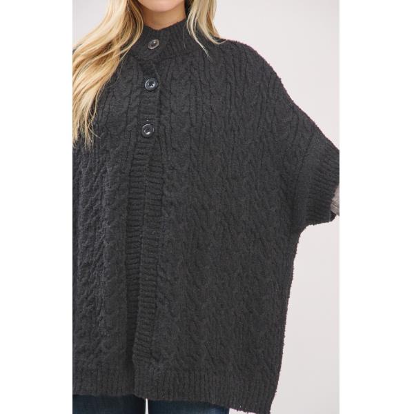 CABLE-KNIT BUTTON-UP CAPE WITH SHORT SLEEVES AND A  MOCK NECK