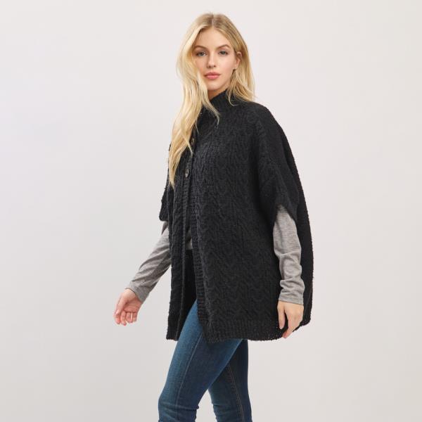 CABLE-KNIT BUTTON-UP CAPE WITH SHORT SLEEVES AND A  MOCK NECK