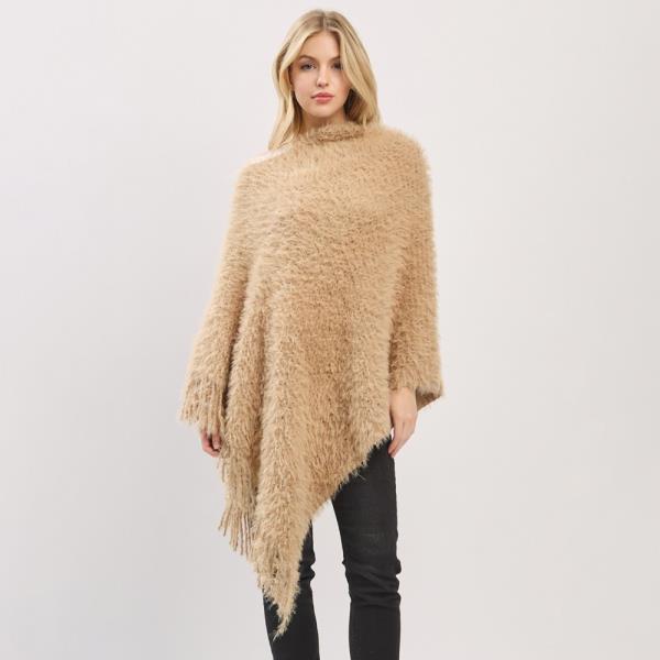 LIGHTWEIGHT FUZZY SEQUIN PONCHO WITH FRINGE