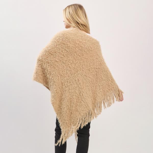 LIGHTWEIGHT FUZZY SEQUIN PONCHO WITH FRINGE