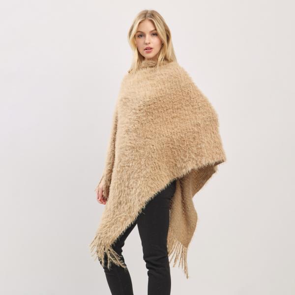 LIGHTWEIGHT FUZZY SEQUIN PONCHO WITH FRINGE
