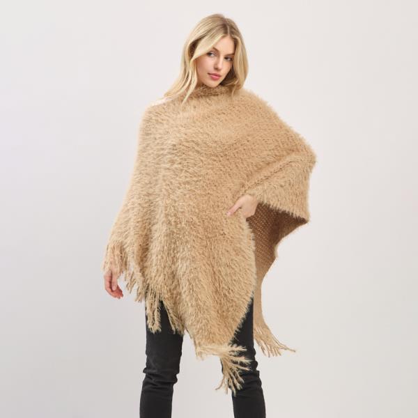 LIGHTWEIGHT FUZZY SEQUIN PONCHO WITH FRINGE