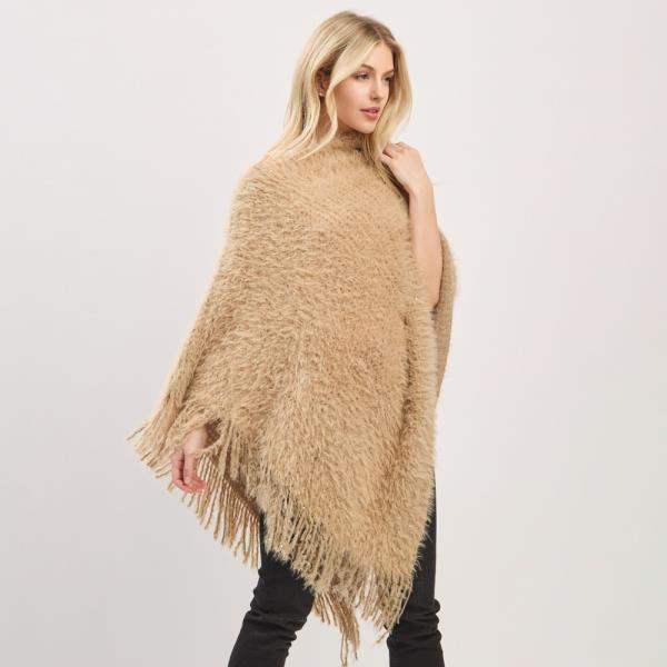 LIGHTWEIGHT FUZZY SEQUIN PONCHO WITH FRINGE
