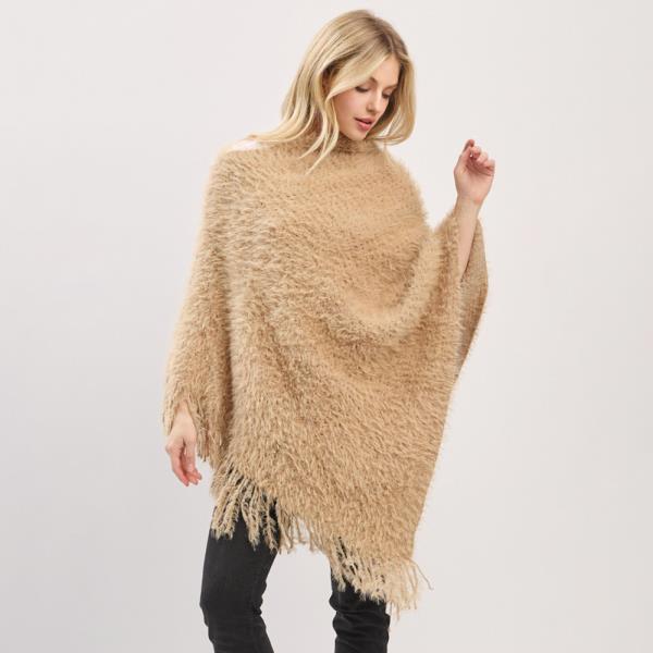 LIGHTWEIGHT FUZZY SEQUIN PONCHO WITH FRINGE