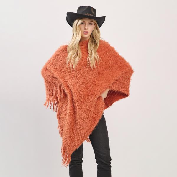 LIGHTWEIGHT FUZZY SEQUIN PONCHO WITH FRINGE