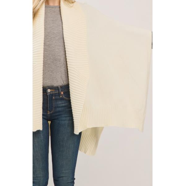 SOFT KNIT OPEN-FRONT SHAWL WITH RIBBED TRIM