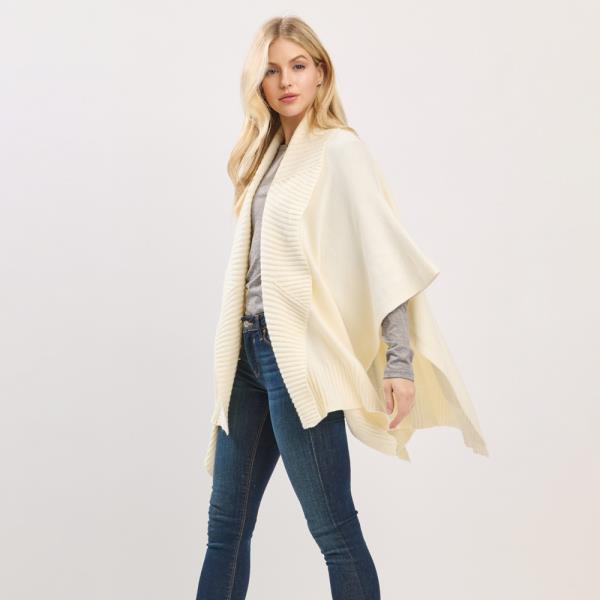 SOFT KNIT OPEN-FRONT SHAWL WITH RIBBED TRIM