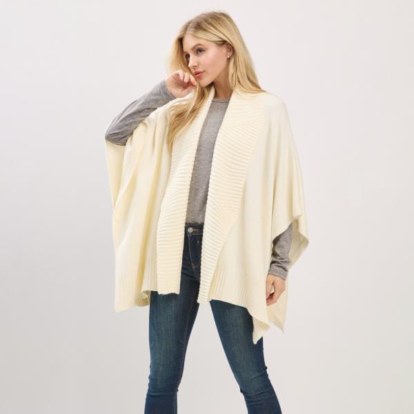 SOFT KNIT OPEN-FRONT SHAWL WITH RIBBED TRIM