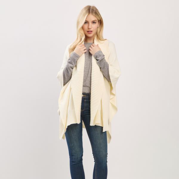 SOFT KNIT OPEN-FRONT SHAWL WITH RIBBED TRIM