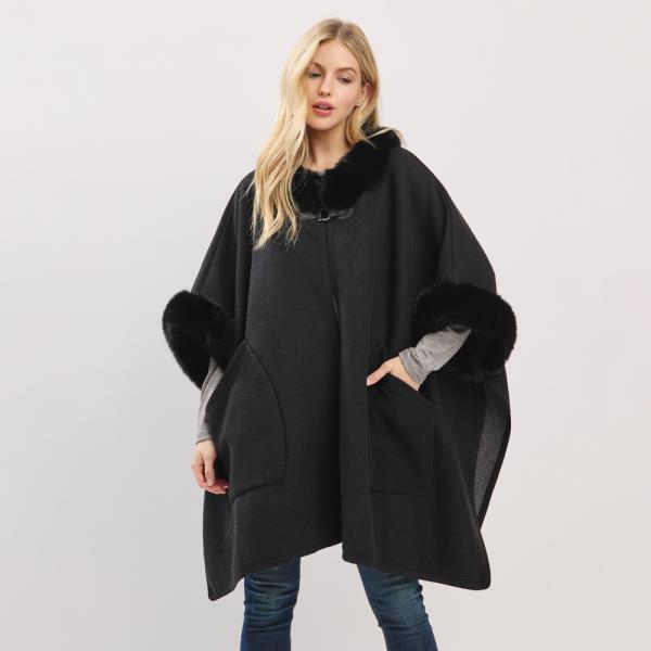 CAPE WITH FAUX FUR TRIM AND TOGGLE CLOSURE