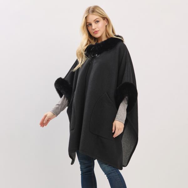 CAPE WITH FAUX FUR TRIM AND TOGGLE CLOSURE