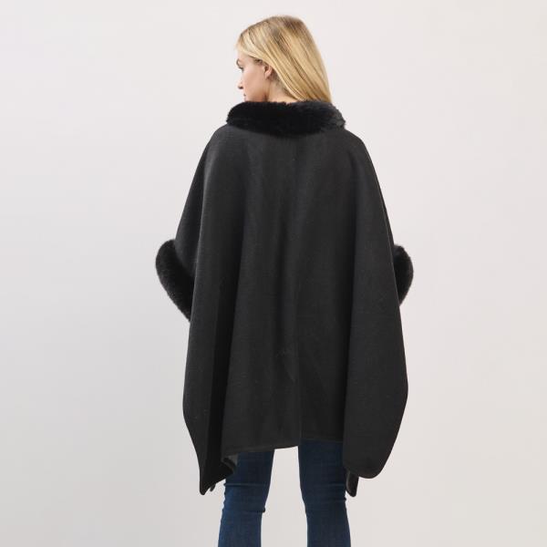 CAPE WITH FAUX FUR TRIM AND TOGGLE CLOSURE