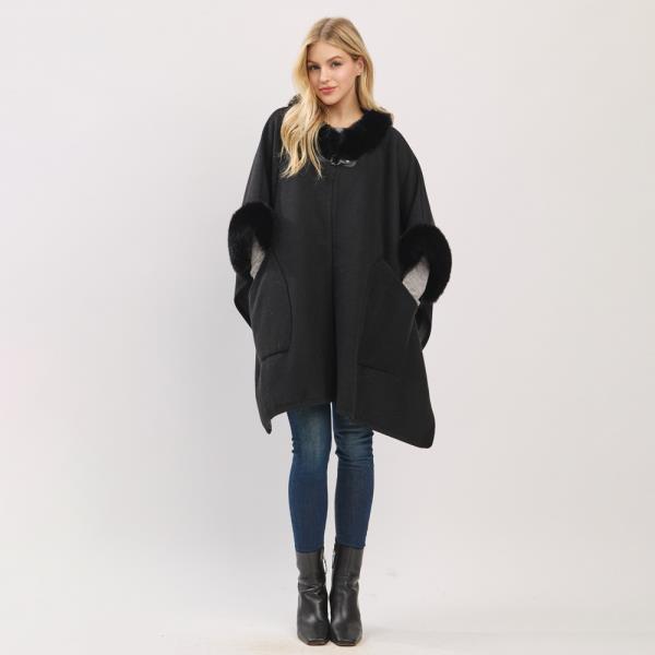CAPE WITH FAUX FUR TRIM AND TOGGLE CLOSURE