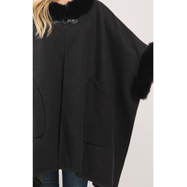 CAPE WITH FAUX FUR TRIM AND TOGGLE CLOSURE
