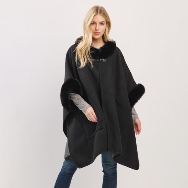 CAPE WITH FAUX FUR TRIM AND TOGGLE CLOSURE