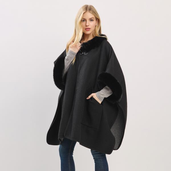 CAPE WITH FAUX FUR TRIM AND TOGGLE CLOSURE