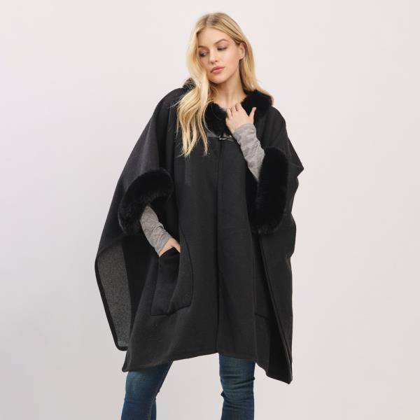 CAPE WITH FAUX FUR TRIM AND TOGGLE CLOSURE