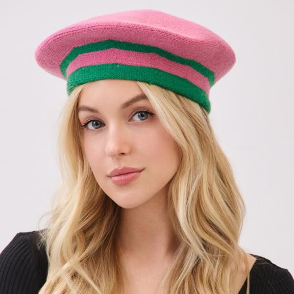 KNITTED STRIPED BERET HAT