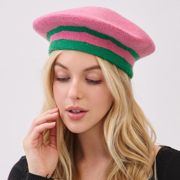KNITTED STRIPED BERET HAT