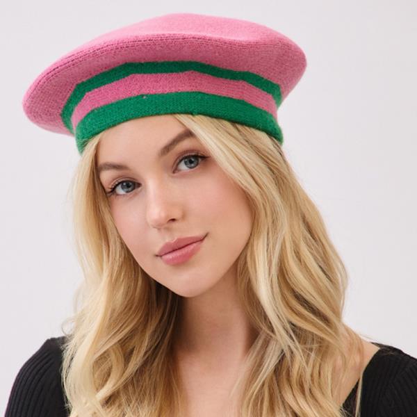 KNITTED STRIPED BERET HAT