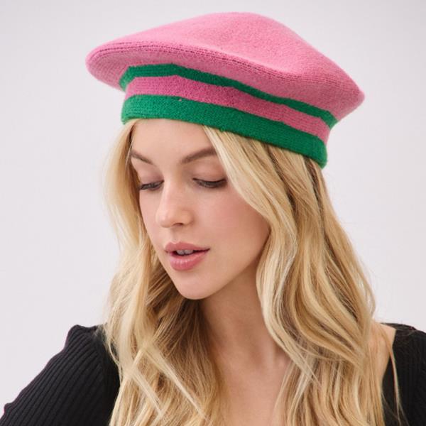 KNITTED STRIPED BERET HAT