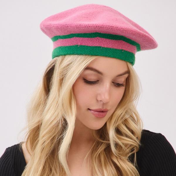 KNITTED STRIPED BERET HAT