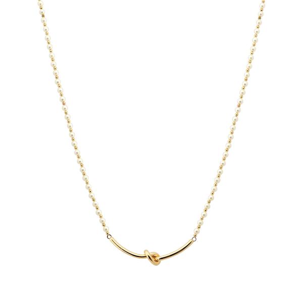 DAINTY KNOT CURVE METAL BAR PEARL BEAD NECKLACE