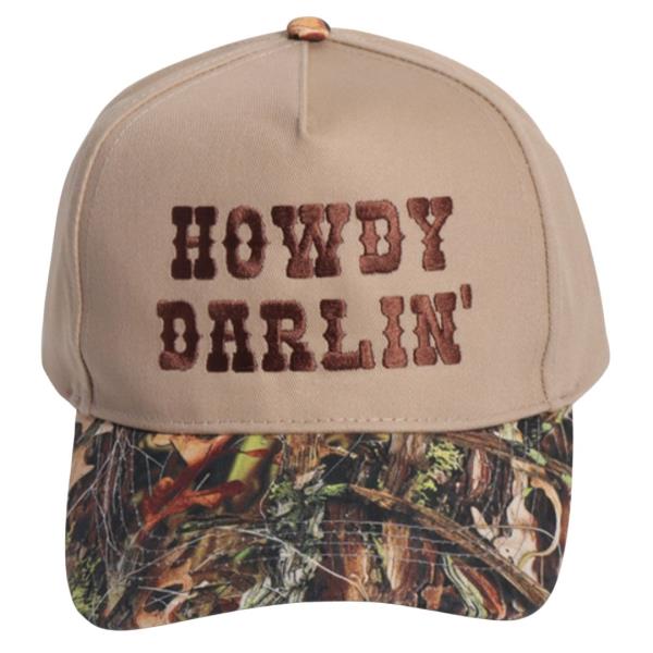 HOWDY DARLIN` EMBROIDERED CAMOUFLAGE BRIM BASEBALL CAP