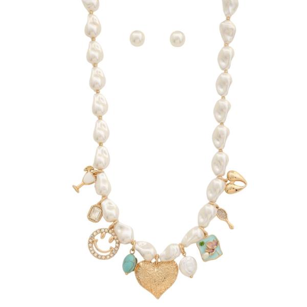 FILIGREE PATTERN HEART MULTI CHARM BEADED NECKLACE