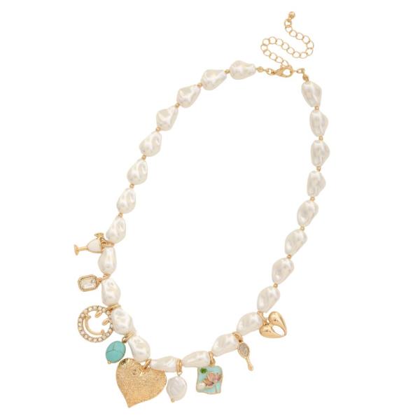 FILIGREE PATTERN HEART MULTI CHARM BEADED NECKLACE