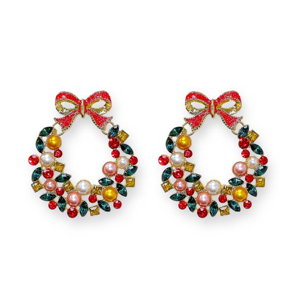 CHRISTMAS STONE WREATH DANGLE EARRING