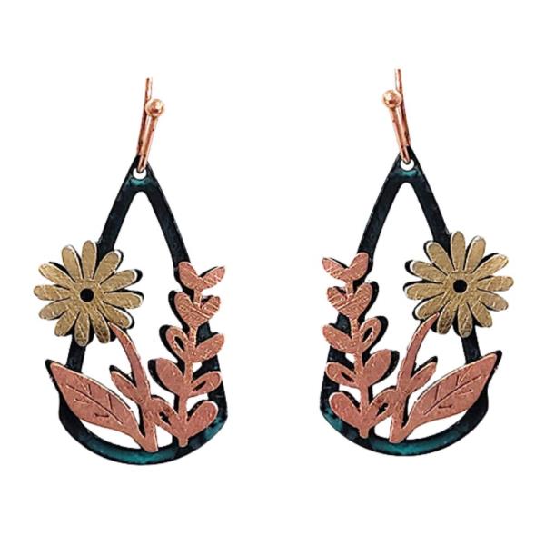 FLOWER LEAF PATTERN TEARDROP DANGLE EARRING