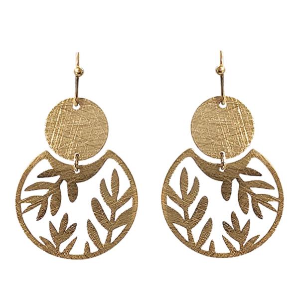 BRUSHED METAL LEAF PATTERN DANGLE EARRING