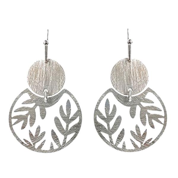 BRUSHED METAL LEAF PATTERN DANGLE EARRING