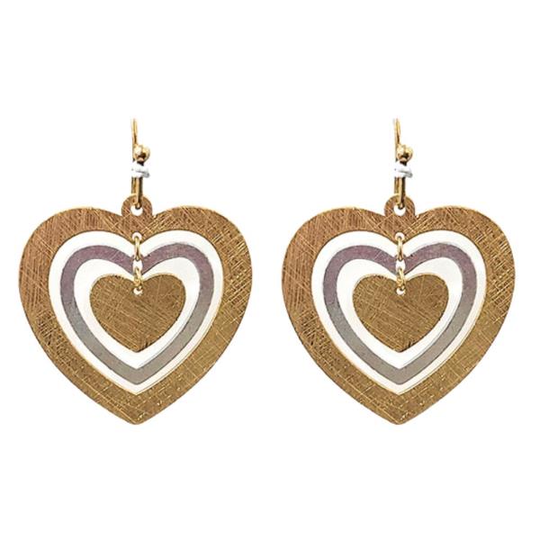 TWO TONE BRUSHED METAL HEART DANGLE EARRING