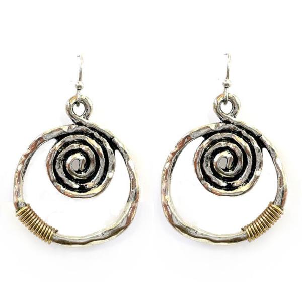 TWO TONE ROUND SWIRL METAL DANGLE EARRING