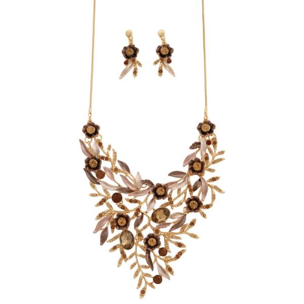 FLOWER LEAF RHINESTONE METAL NECKLACE