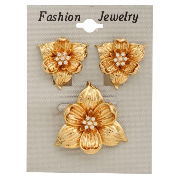FLOWER METAL CLIP EARRING BROOCH SET