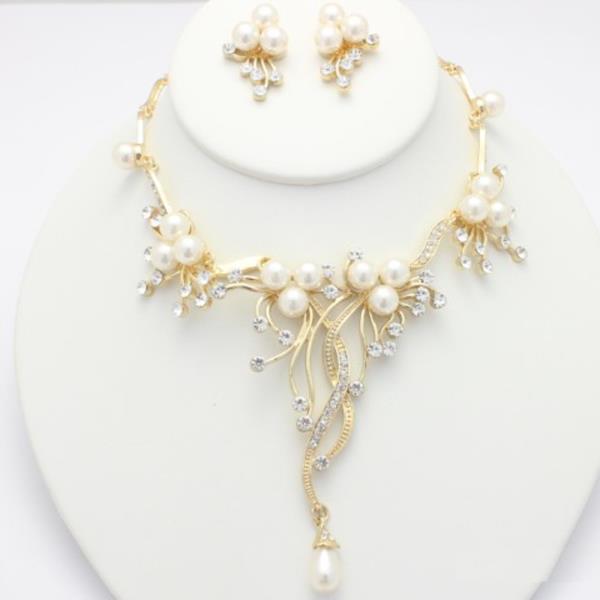 RHINESTONE PEARL NECKLACE EARRING SET