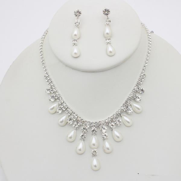 RHINESTONE PEARL TEARDROP NECKLACE EARRING SET