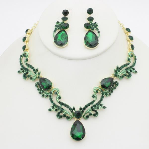 RHINESTONE TEARDROP V NECKLACE EARRING SET