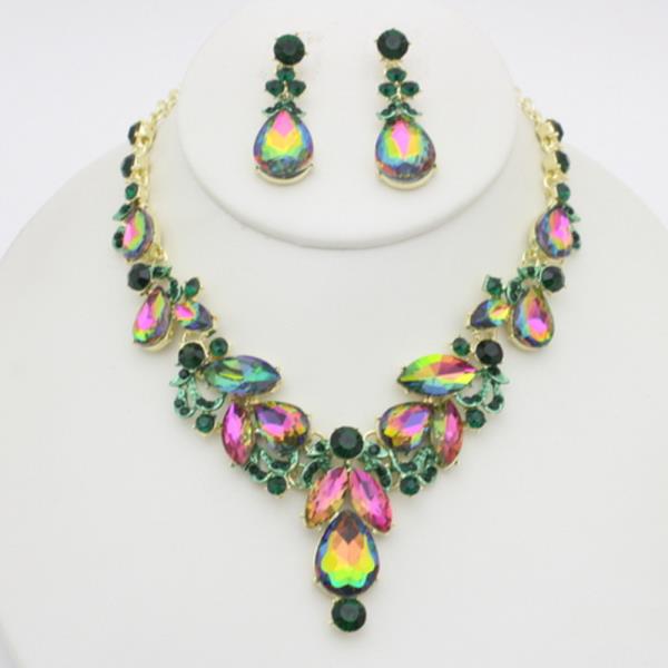 RHINESTONE TEARDROP STONE V NECKLACE EARRING SET