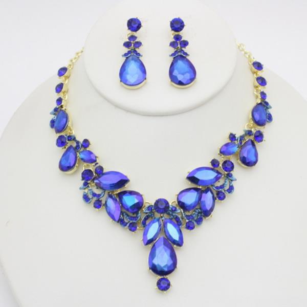 RHINESTONE TEARDROP STONE V NECKLACE EARRING SET